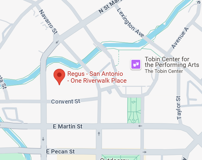 Map showing the location of "Regus - San Antonio - One Riverwalk Place" near the San Antonio River Walk. The office is marked with a red pin at the intersection of Navarro Street and Convent Street. Nearby landmarks include the Tobin Center for the Performing Arts to the east and E Martin Street to the south.