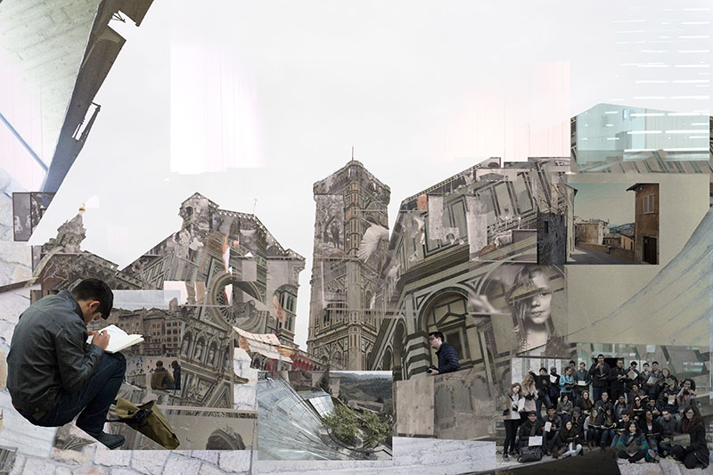 A surreal collage combining architectural elements and scenes of student activity. The composition features a large, distorted building with intricate stonework and towers. In the foreground, a student sketches while seated, and in the lower right, a group of students gather for a photo.