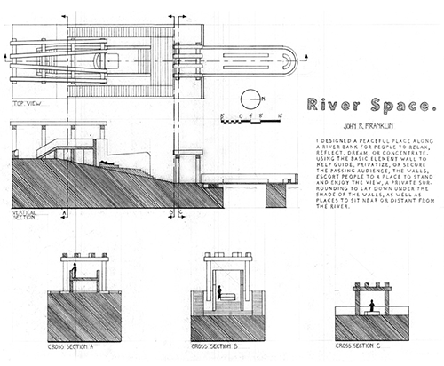 The title "River Space" is followed by the name "John R. Franklin." The text reads: "I designed a peaceful place along a river bank for people to relax, reflect, dream, or concentrate. Using the basic element wall to help guide, privatize, or secure the passing audience, the walls escort people to a place to stand and enjoy the view, a private surrounding to lay down under the shade of the walls, as well as places to sit near or distant from the river."