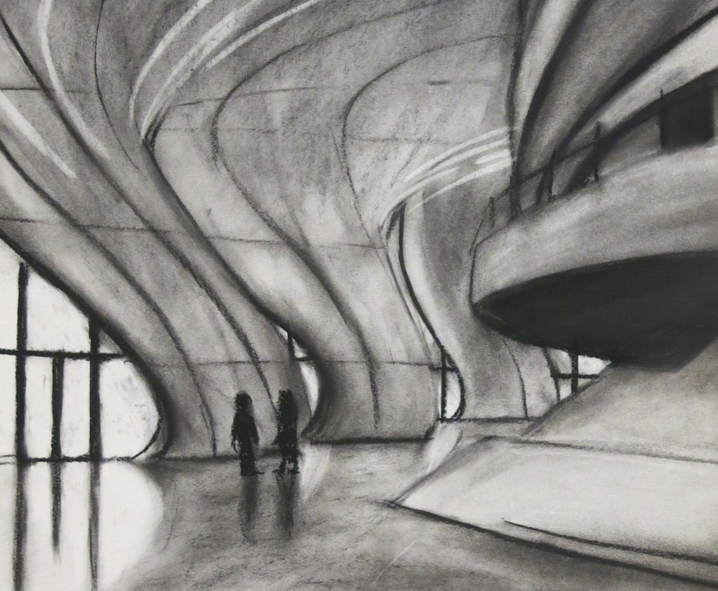 Visualization 1 – Charcoal Drawing of Curved Interior Structure by E. Leiva