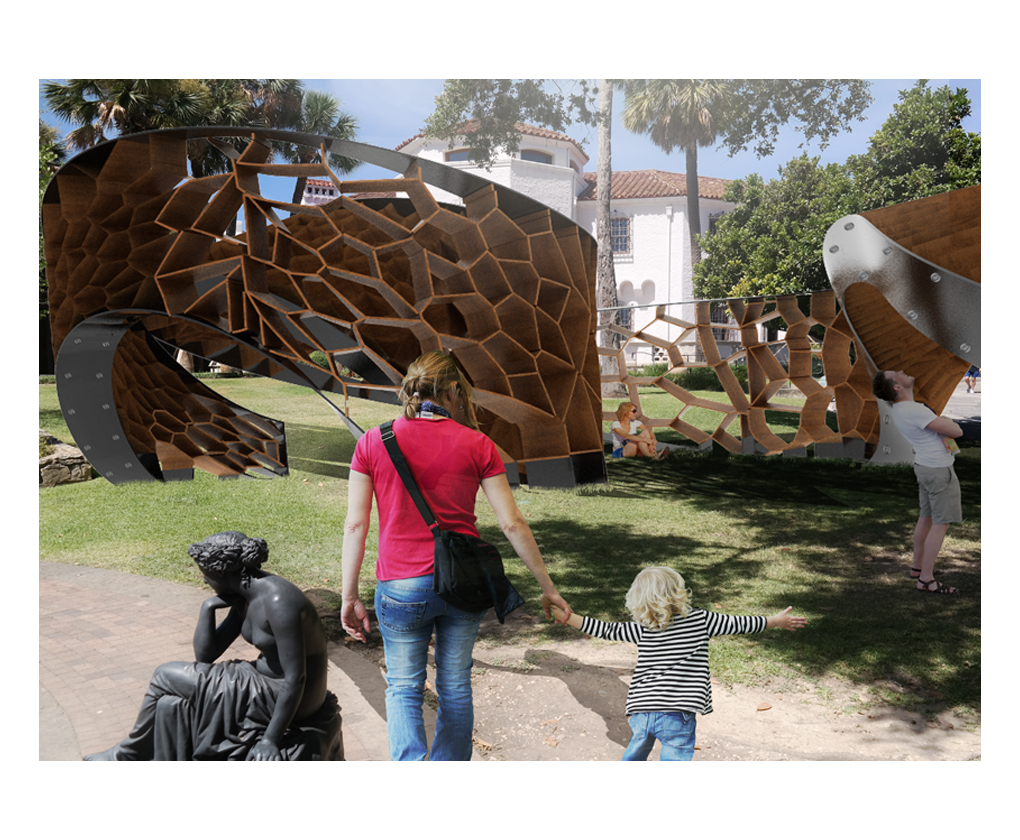 A woman and child walk toward a honeycomb-like wooden sculpture in a park. A black statue sits nearby