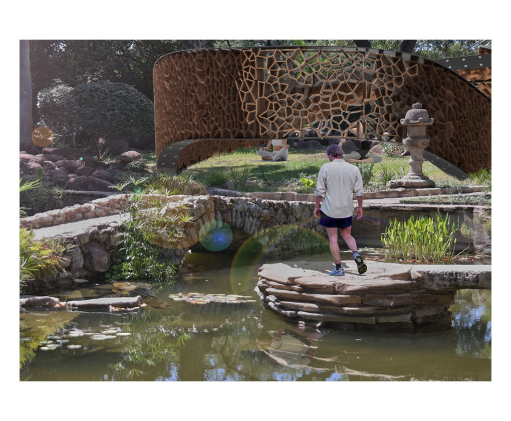 A couple walks by a modern wooden canopy with a pond and stepping stones in the foreground.