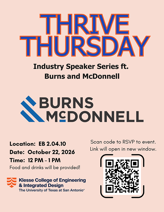 Flyer for Thrive Thursday Industry Speaker Series featuring Burns & McDonnell on October 22, 2026, from 12 PM to 1 PM in EB 2.04.10, with food and drinks provided and a QR code to RSVP.