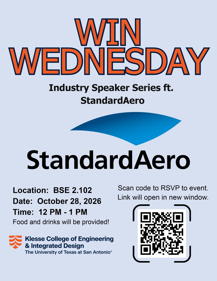 WIN Wednesday promotional graphic featuring the StandardAero logo, UTSA Klesse College branding, and a QR code for registration.