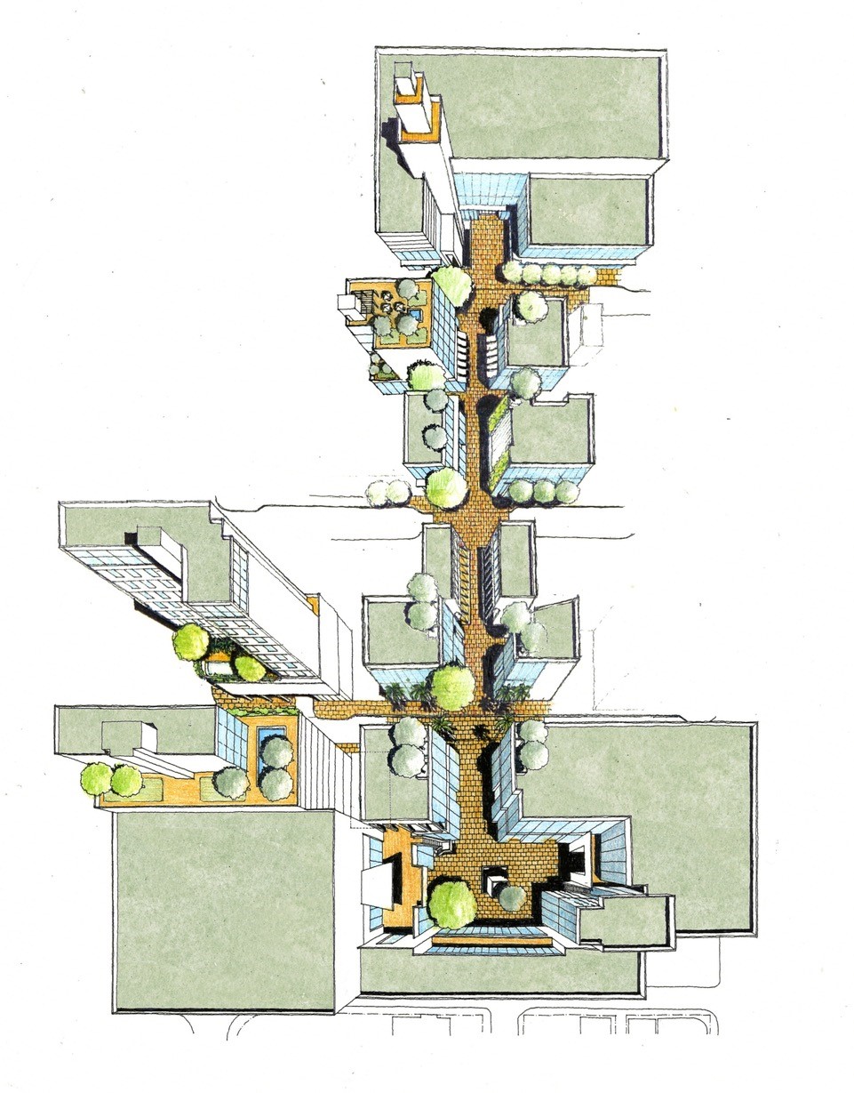 Drawing of an aerial view of a architecture project.