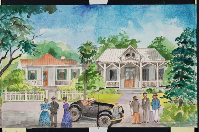 Painting of houses on a street.