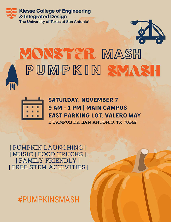 Monster Mash Pumpkin Smash event graphic featuring pumpkin launching, music, food trucks and free STEM activities. #PUMPKINSMASH