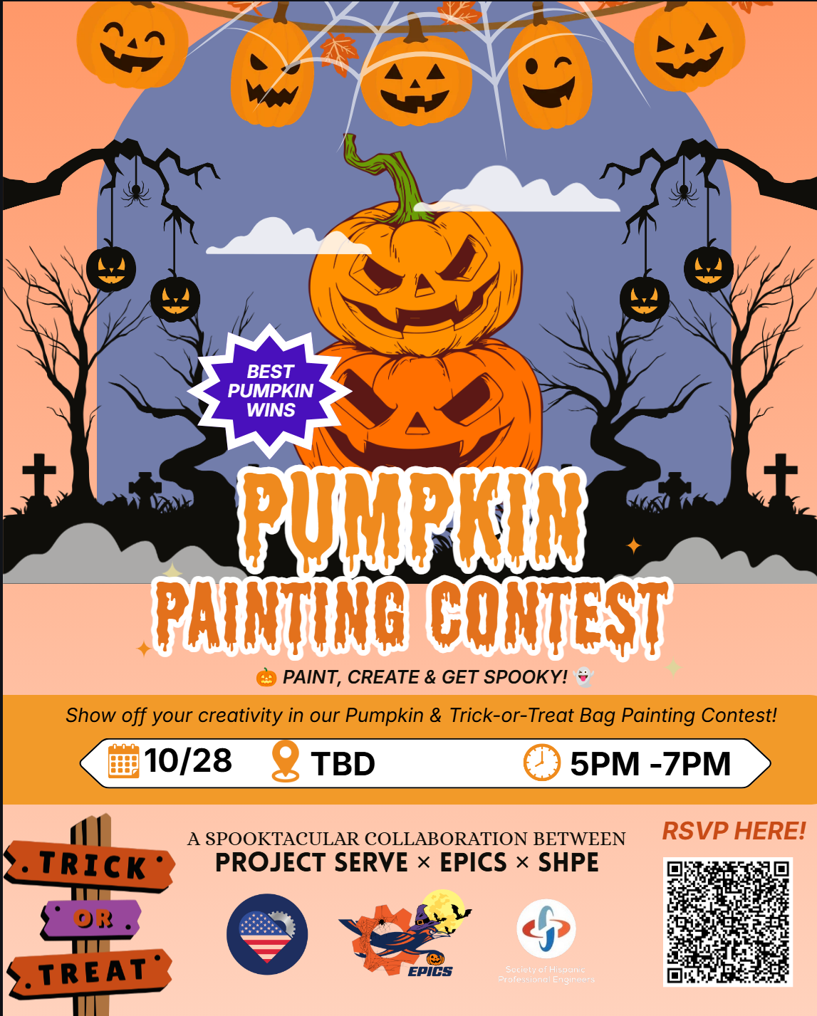 Halloween-themed flyer featuring stacked carved pumpkins in a spooky graveyard scene with bare trees, hanging jack-o'-lantern decorations, spider webs, clouds, and gravestones. A purple starburst graphic highlights a pumpkin-painting competition. Additional decorative elements include a "Trick or Treat" signpost, organization logos along the bottom, and a QR code for RSVP, this RSVP link is included in the event as "RSVP to Pumpkin Painting Social"