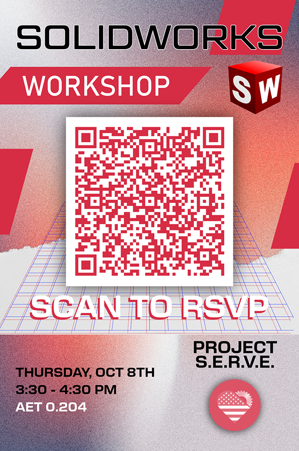 flyer for SolidWorks workshop featuring a large QR code in the center, the SolidWorks logo, geometric red design elements, a 3D grid background, and a Scan to RSVP call to action.