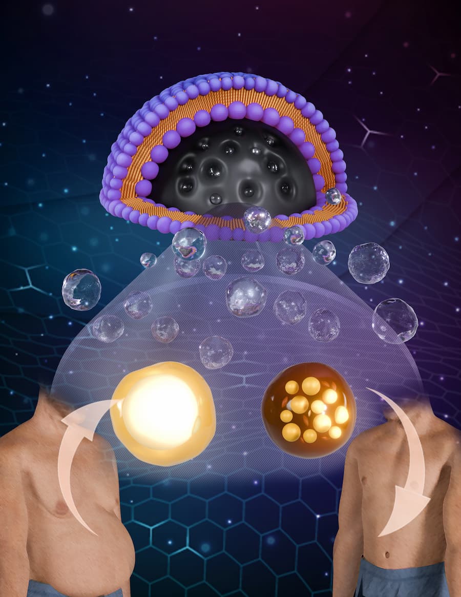 Illustration of nanoparticles created in Dr. Gonzalez Porras’ Lab that transform white fat cells into heat-producing beige fat cells. This technology was first designed for obesity treatment and is now being adapted for cold-injury therapy.
