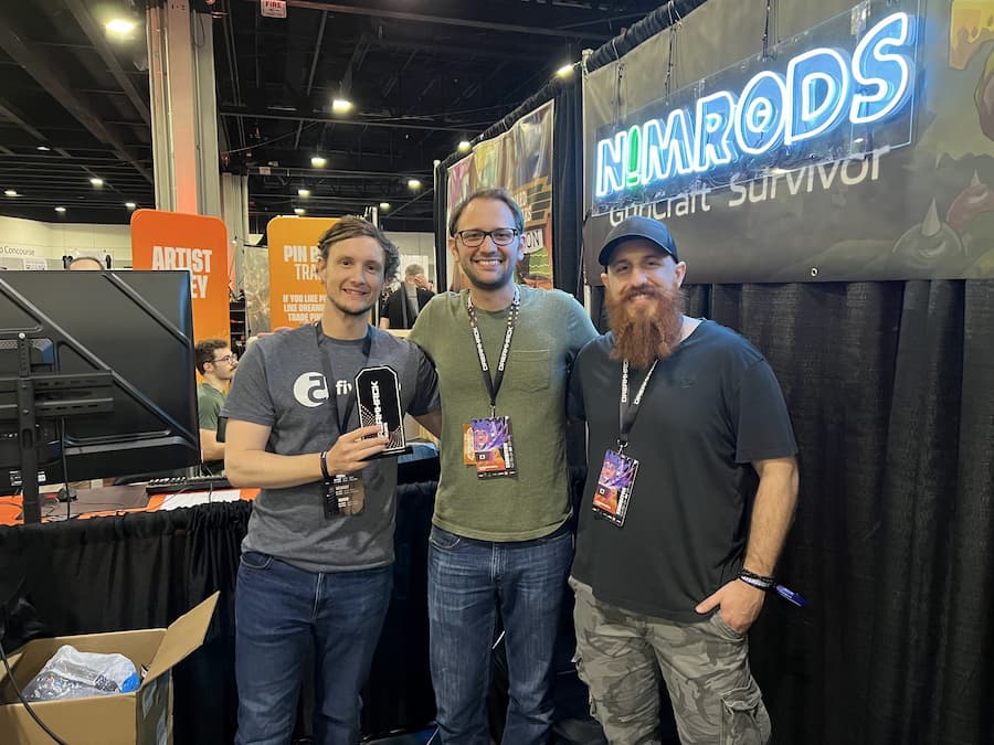 Chris and Kevin presenting their game, NIMRODS, at Dreamhack