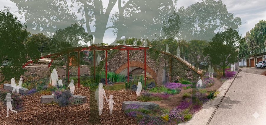 Conceptual design collage depicting a landscape intervention centered on water, ecology, and community gathering. The rendering shows a restored natural environment with native plantings, pedestrian pathways, seating areas, and a stone bridge, illustrating a proposal developed through the UTSA–UNAM studio's exploration of the Río Magdalena corridor in Mexico City.
