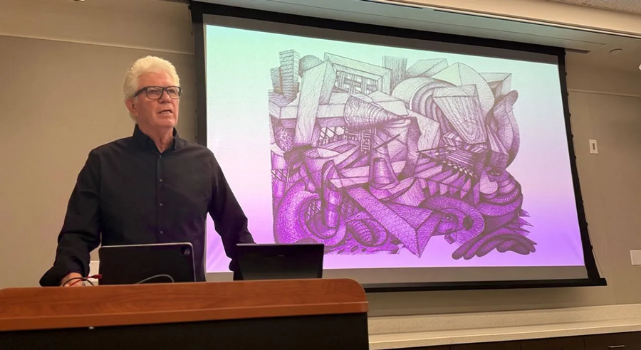 Local artist Mark Hogensen, MFA ’90, attends the inaugural On the Walls: Art in Architectural Space session.