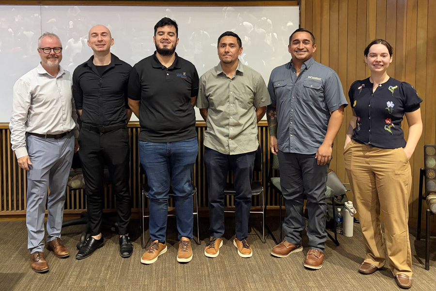 Dr. Eric Brey stands with students and industry leaders as part of the Klesse College of Engineering and Integrated Design’s new first-year experience.