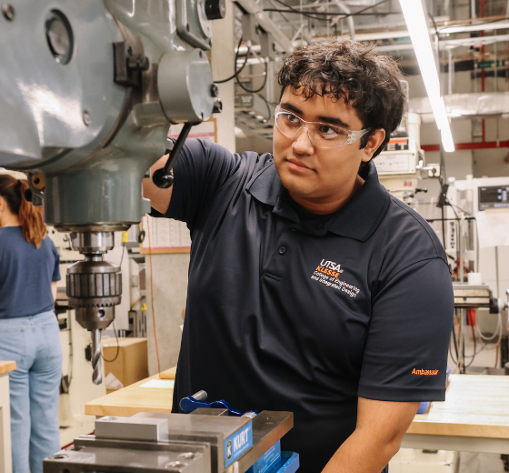 A Klesse College engineering student gains hands-on experience in a campus lab, part of the practical training that prepares students for advanced study and career success through the new 4+1 accelerated degree pathways.
