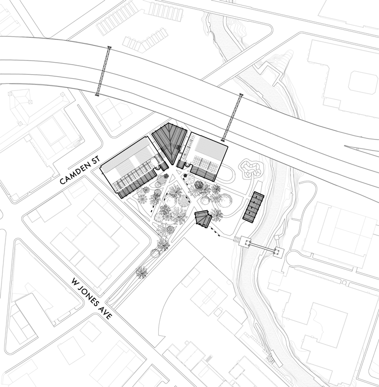 Site plan of the Carve Canopy youth hostel proposal, showing the porch-inspired building arrangement, public gathering spaces, and landscape connections that link the project to San Antonio's urban fabric and community.