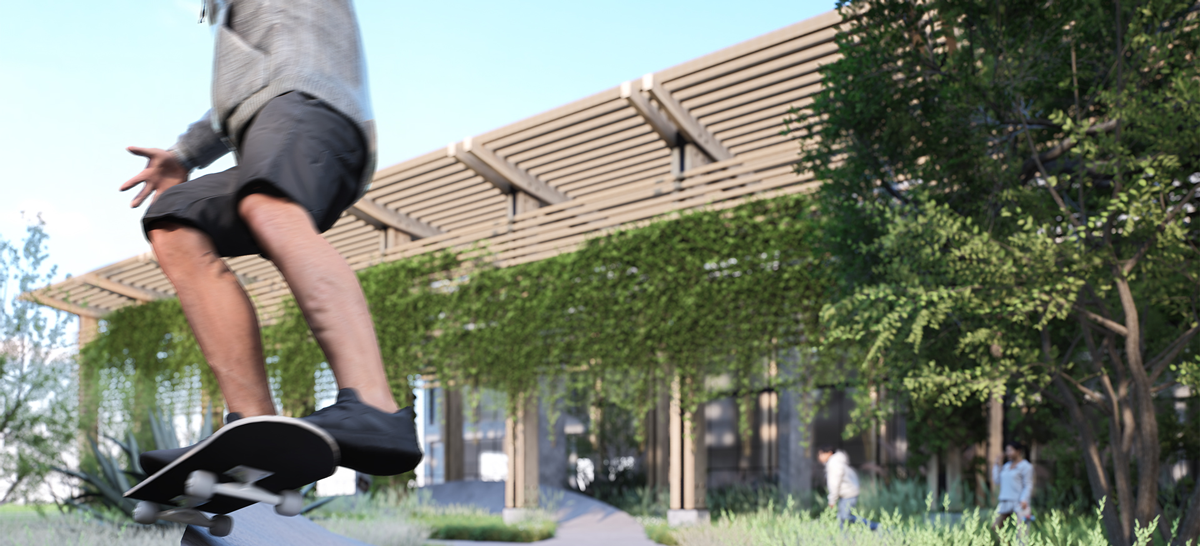 the Carve Canopy hostel project showing a skateboarder
