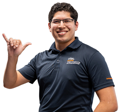 a student using the UTSA hand symbol and smiling