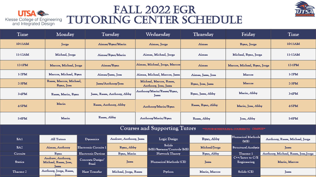 Fall 2022 Tutoring Schedule