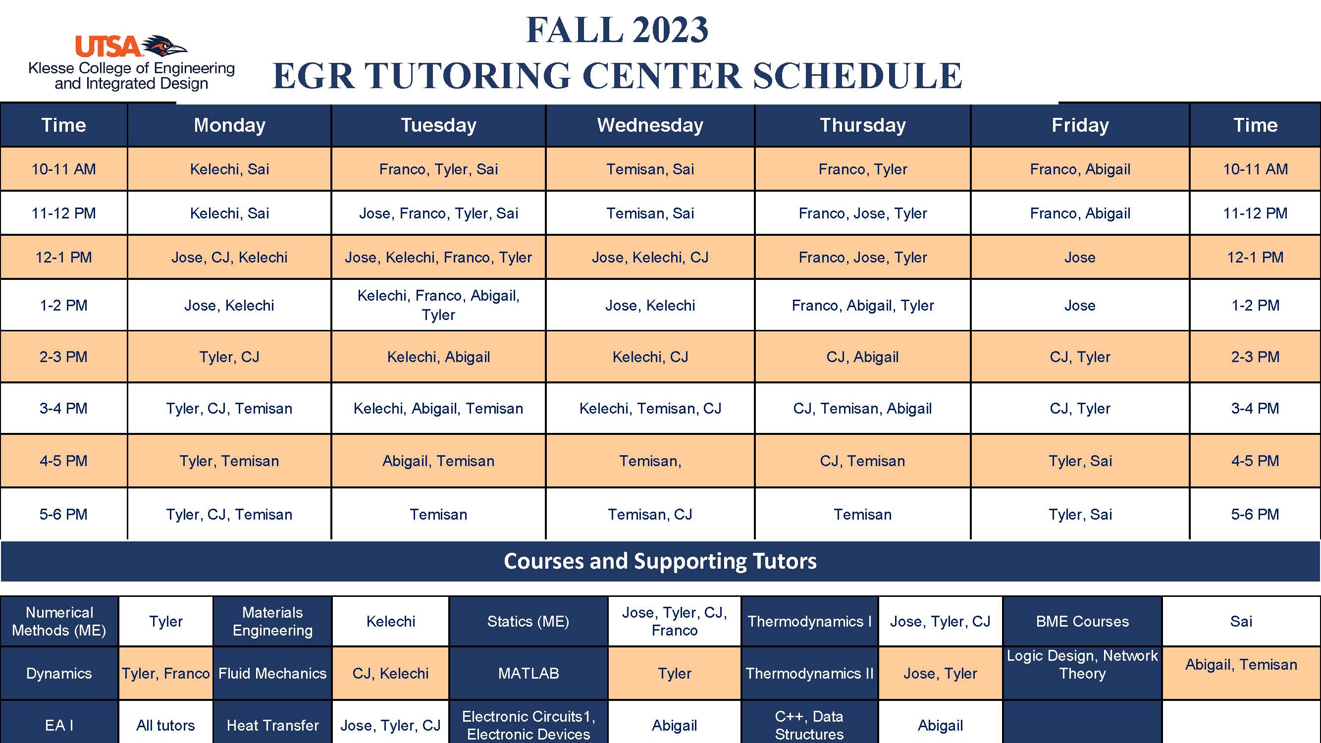 Fall 2023 Engineering Tutor Schedule