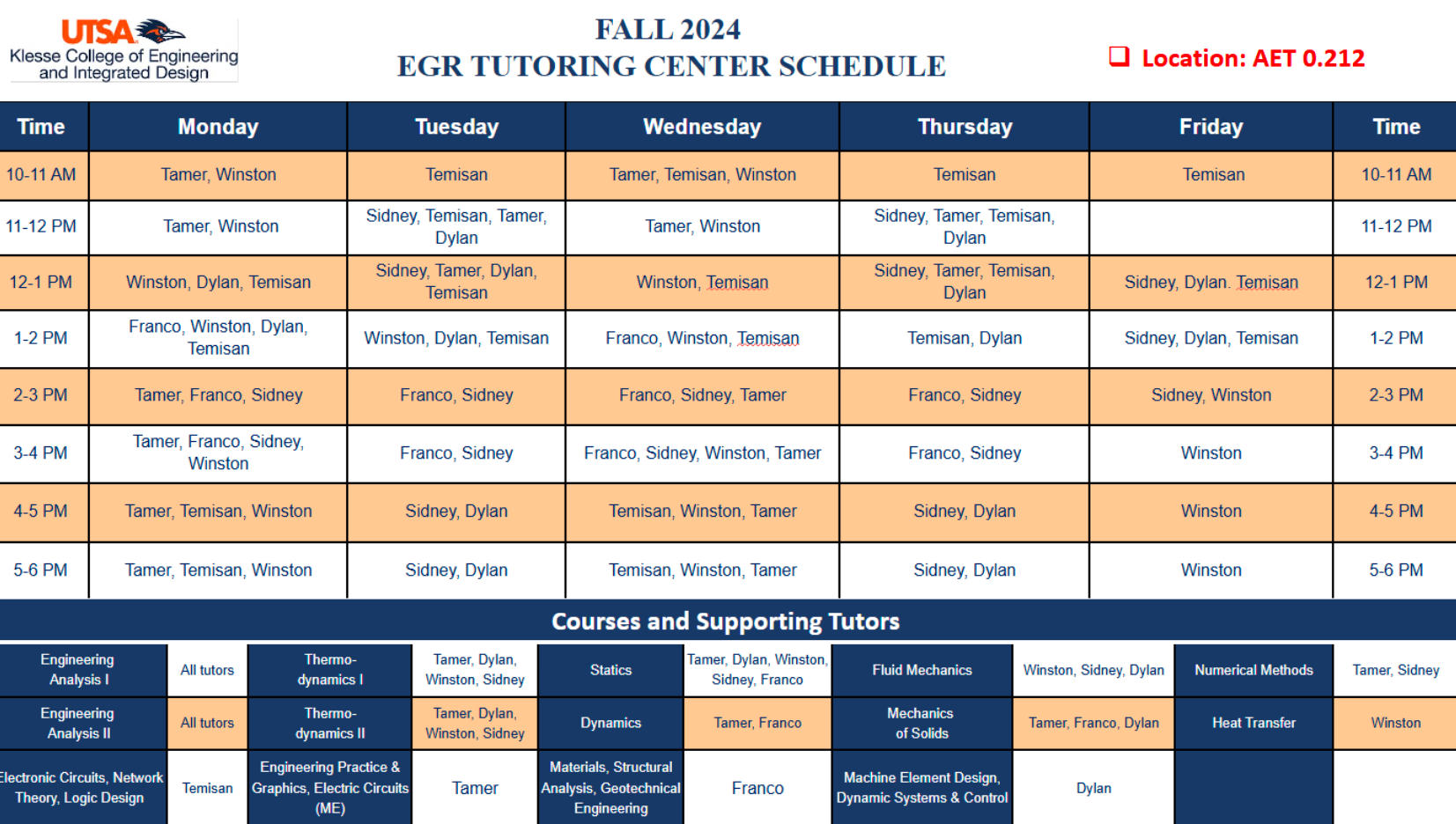 Fall 2024 Tutor Schedule 